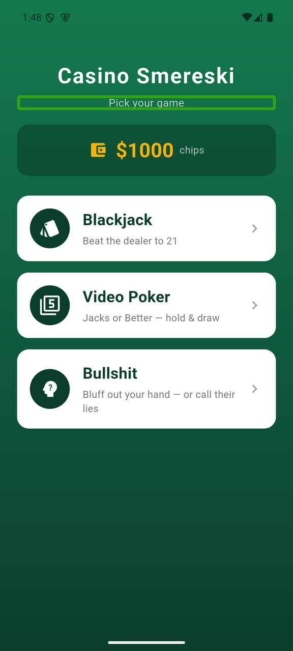 Casino Smereski lobby — Blackjack, Video Poker, and Bullshit off one bankroll