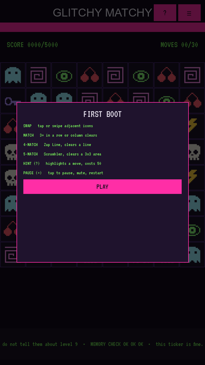 Glitchy Matchy first-boot tutorial over the pixel-sprite match-3 board