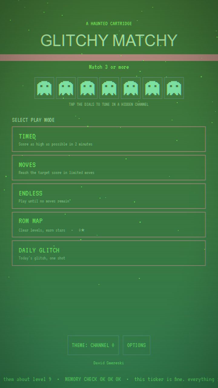 Glitchy Matchy Bit Rot celebration effect washing the menu in decaying green pixels