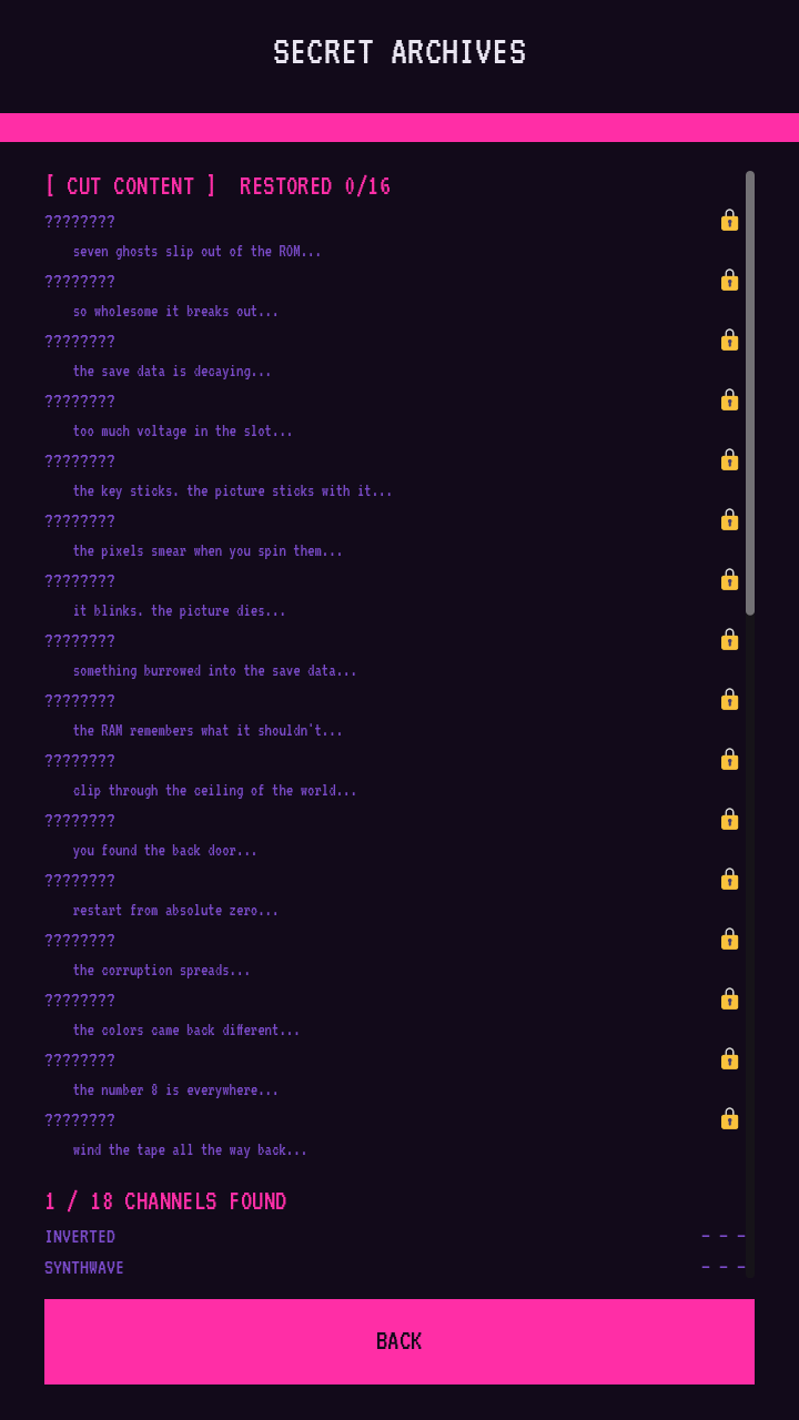 Glitchy Matchy Cut Content archive — sixteen locked secrets with hints