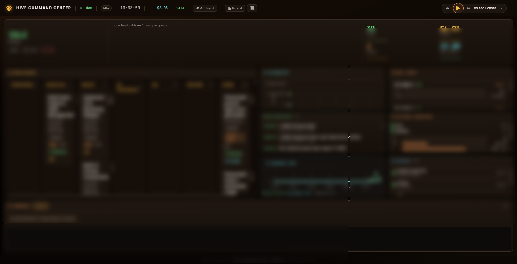 The Hive command center — crew board, telemetry, and service panels packed into one grid (data blurred)
