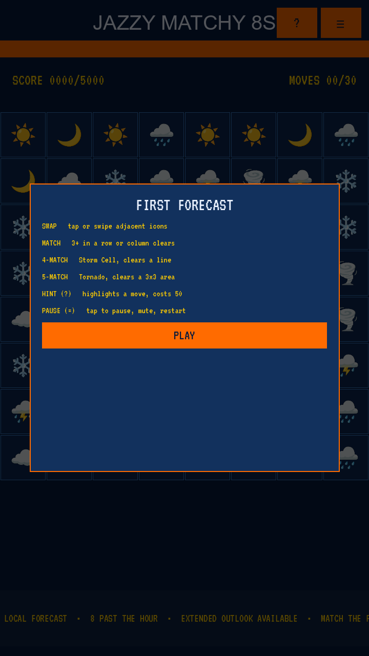 Jazzy Matchy 8s gameplay — weather icon match-3 board with forecast readout