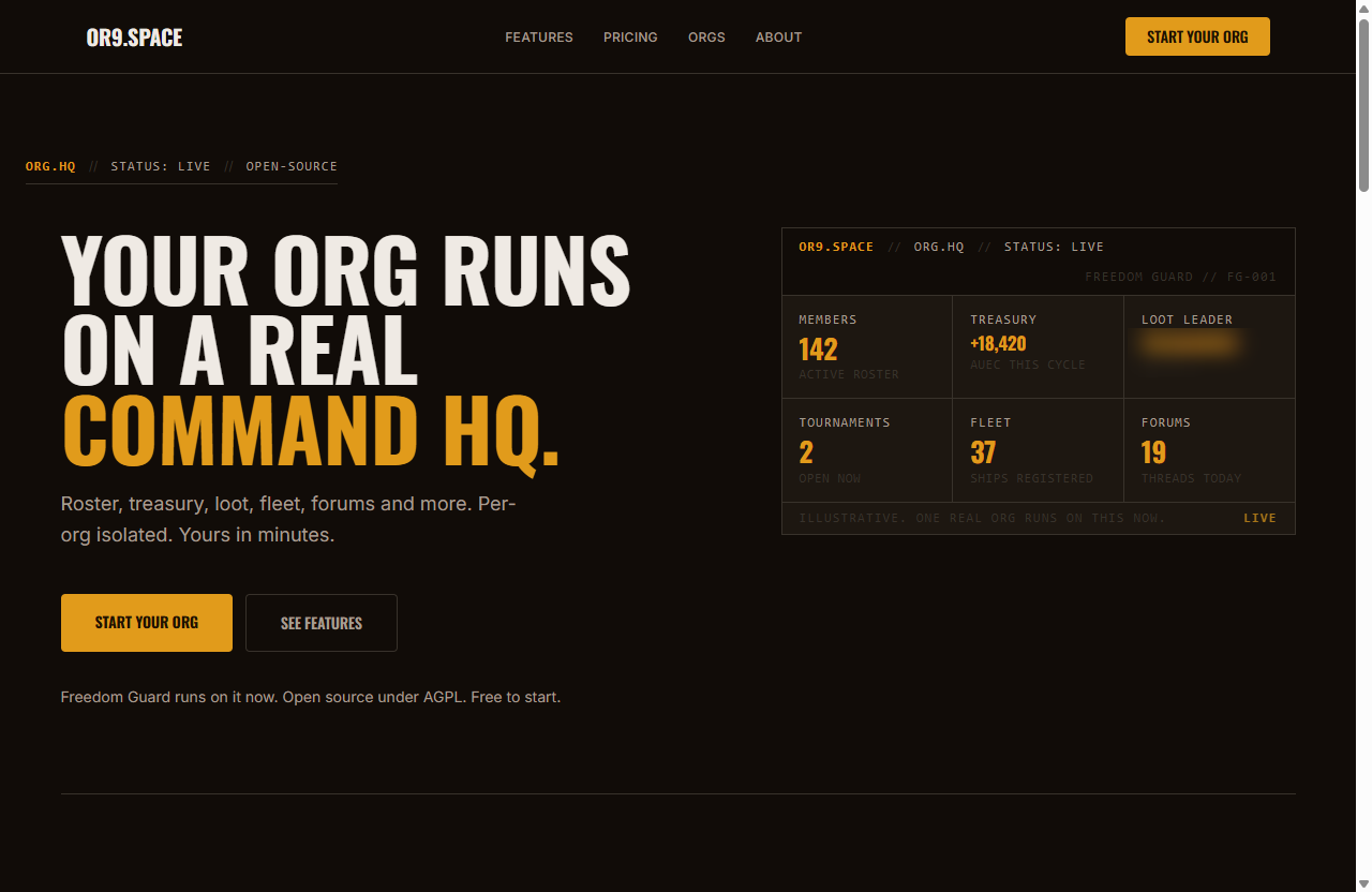 or9.space platform — the org command HQ landing