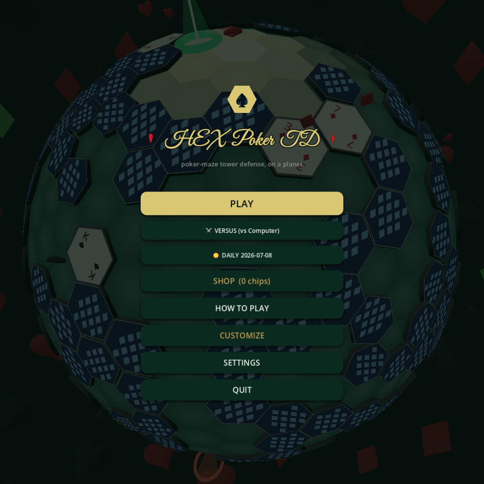 Hex Poker TD main menu on the spinning card planet