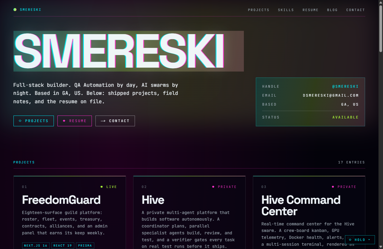 smereski.com home — loud framing, dense interior