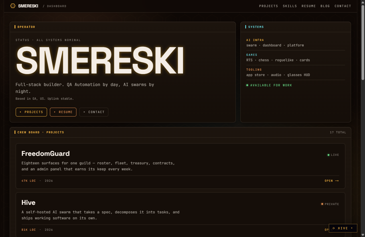 smereski.com home in the Hive command-center theme