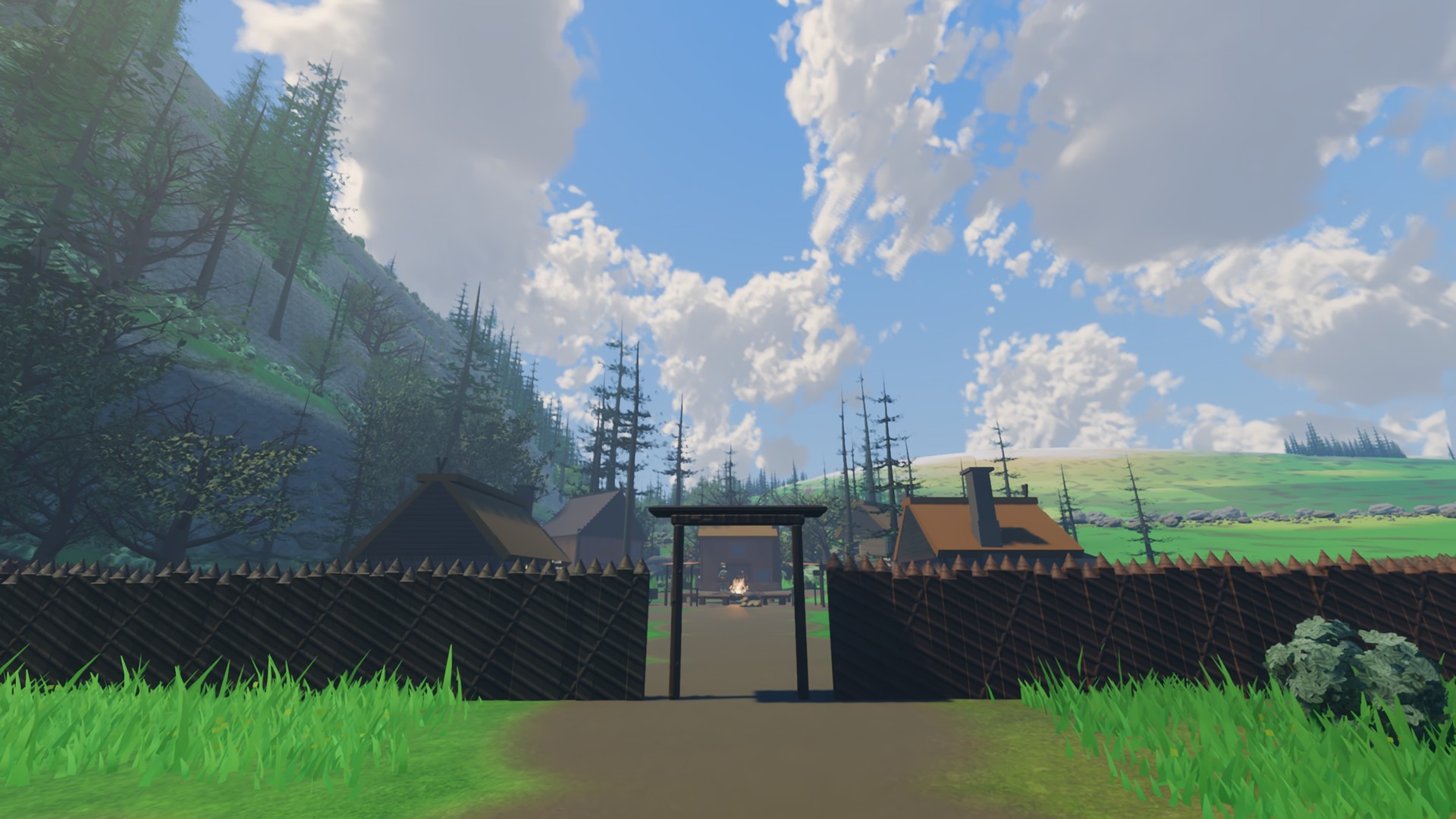 Spaceframe's village gate at noon under a sky of volumetric cumulus: billowing white clouds with frayed edges over a palisade, thatched roofs and a green hill