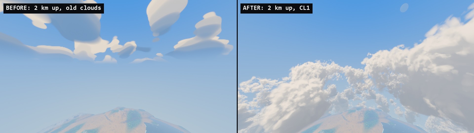 Two frames from 2 km above the spawn ridge side by side: on the left, labeled before, a few smooth cloud puffs high in the frame over a wide empty band of sky; on the right, labeled after, a deck of cumulus running down to the curved horizon