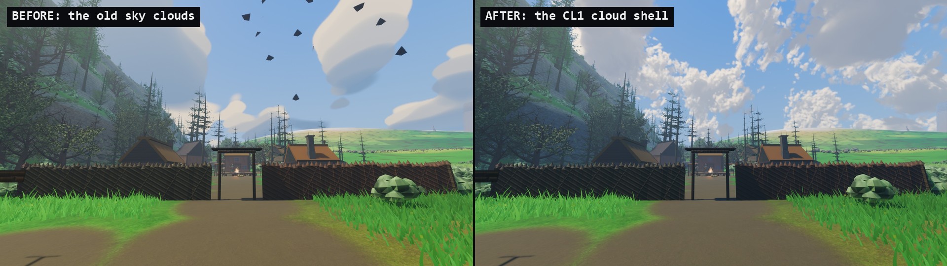 Two frames of the same village gate at noon side by side: on the left, labeled before, smooth cartoon cloud puffs and a few dark birds; on the right, labeled after, billowing volumetric cumulus with frayed edges