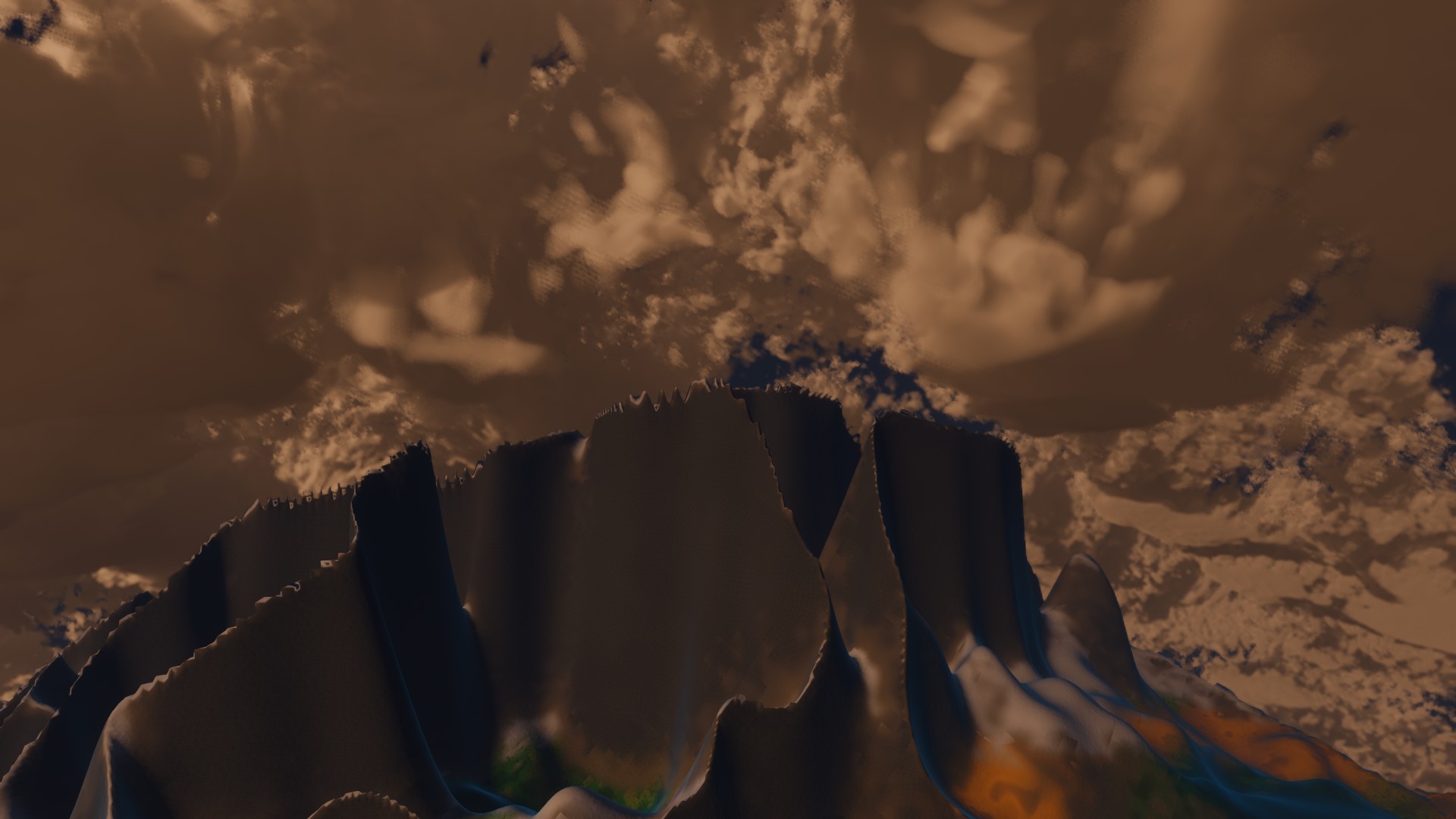 Morning light on jagged dark rock peaks rising through a layer of brown-lit cloud, the cloud filling the sky behind and around the summit