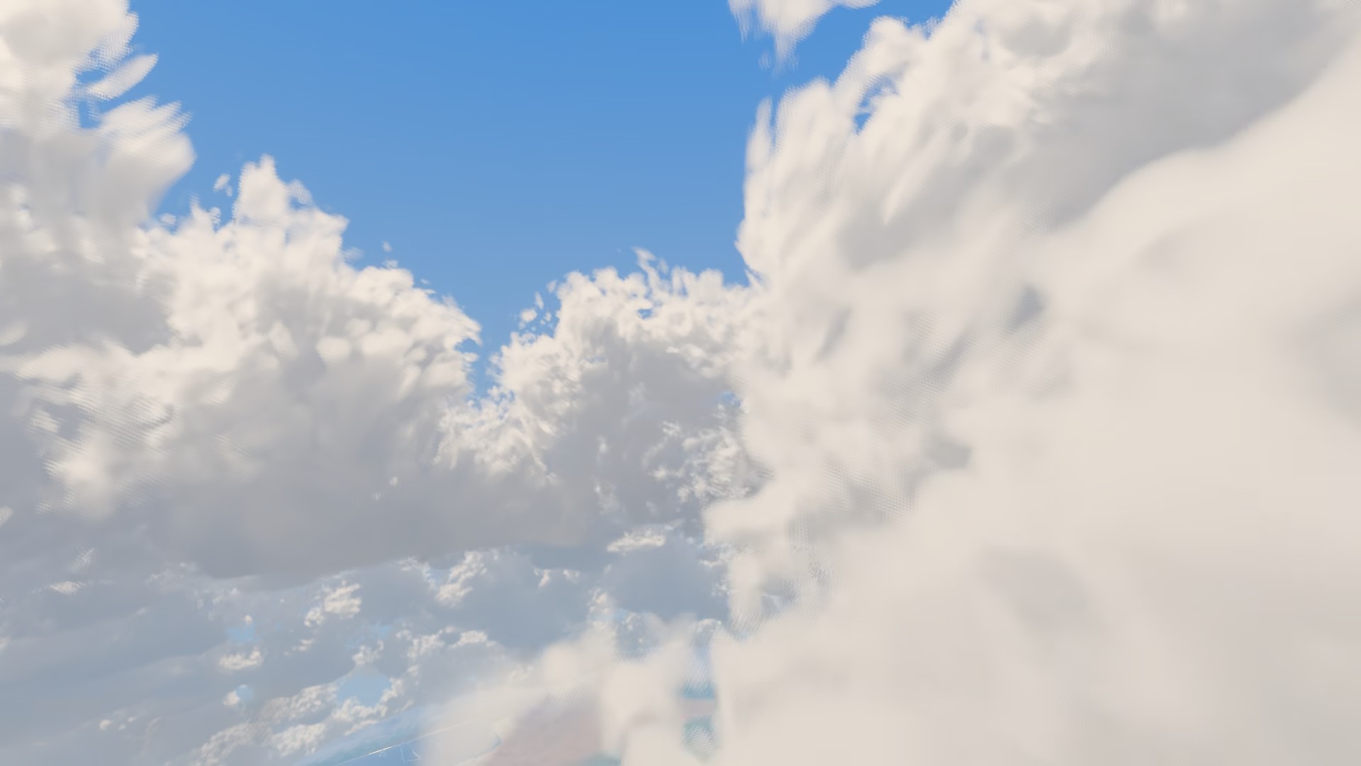 Climbing through the deck: towers of white cumulus on both sides with a gap of blue sky between them