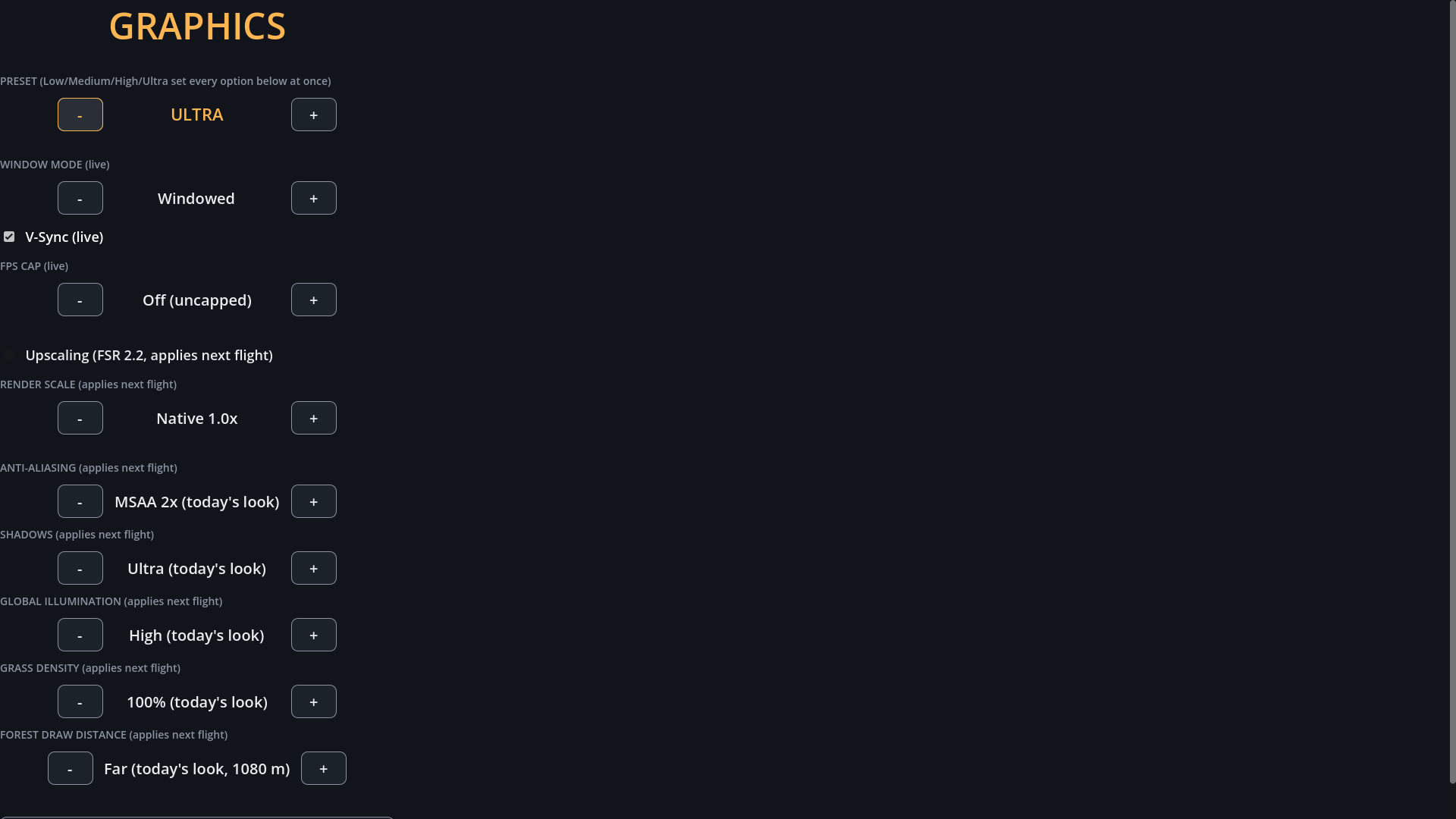 A dark-themed graphics settings menu with a preset selector and individual sliders for shadows, global illumination, grass density and forest draw distance