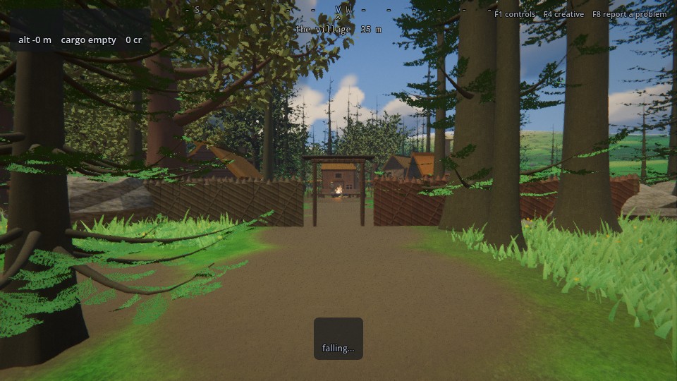 A first-person view of a village gate at dusk with no status rings visible on screen, just altitude and cargo readouts