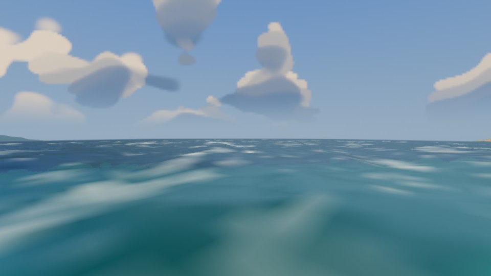 The same sea from the same vantage, now with overlapping wave scales at multiple sizes, chop riding longer swells, and scattered whitecaps