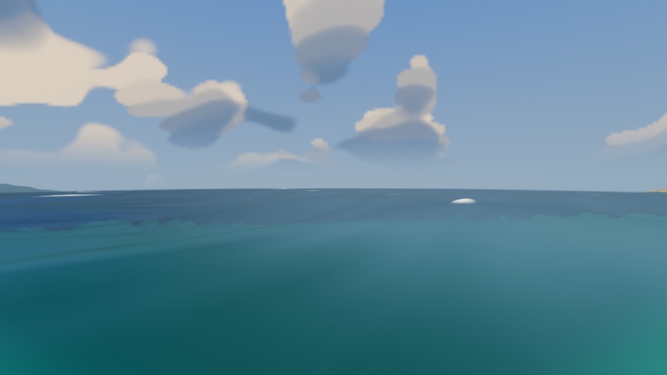 A calm, flat teal sea under a partly cloudy sky, one faint scalloped edge at the horizon, no visible wave structure