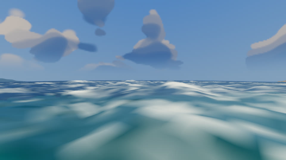Close-up storm swell: overlapping whitecapped waves under a partly cloudy sky, no land visible