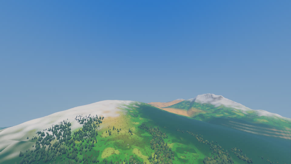 A snow-capped mountain range under full daylight, seen from low altitude, forested slopes down to a valley