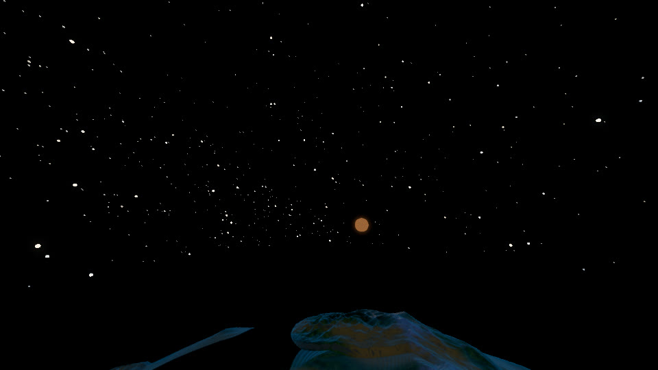 The same sky after dark: a star field and a small orange planet low over the dark silhouette of the terrain