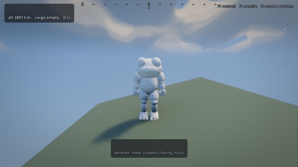 A small blue creature villager standing on a sloped wooden ramp, feet planted flat against the incline