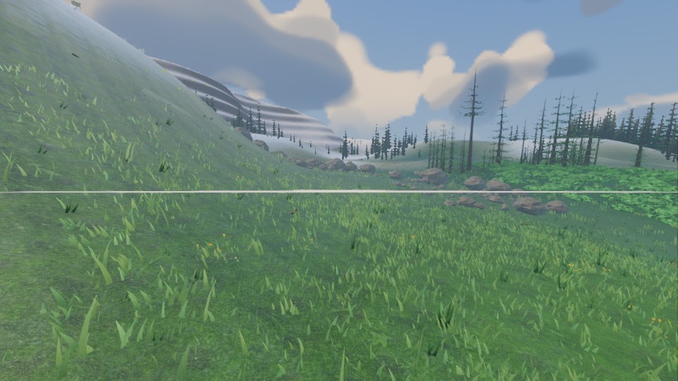 A meadow and hillside scene with a wide horizontal white streak cutting across the middle of the frame, an exaggerated diagnostic version of the wind effect