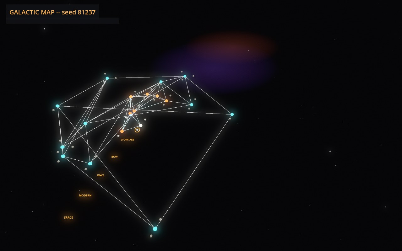 Spaceframe's galactic map: a web of thin white lanes linking glowing cyan and orange star systems on a black background, with a faint purple nebula and ring labels reading Stone Age, Bow, WW2, Modern and Space