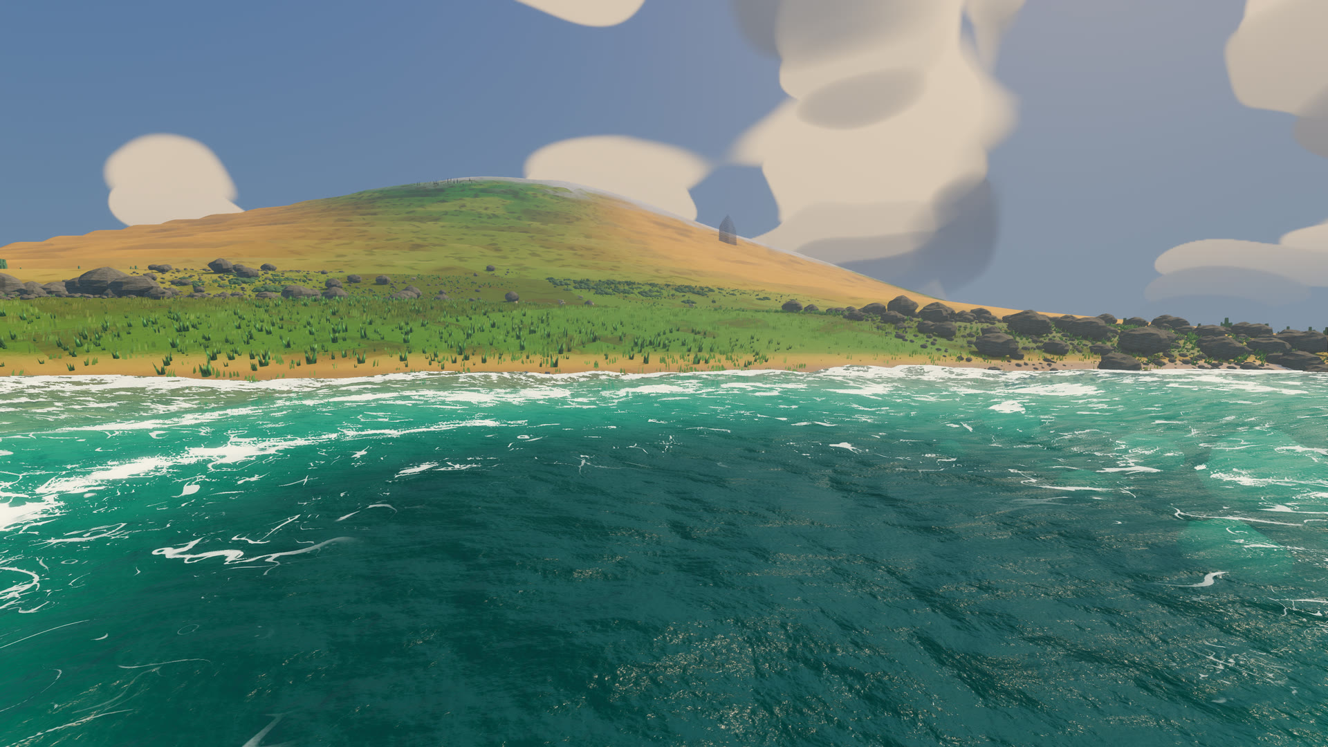 Spaceframe's coast from 50 m offshore at midday: turquoise water streaked with foam veins, a broken line of surf along a sand beach, a grassy hill behind