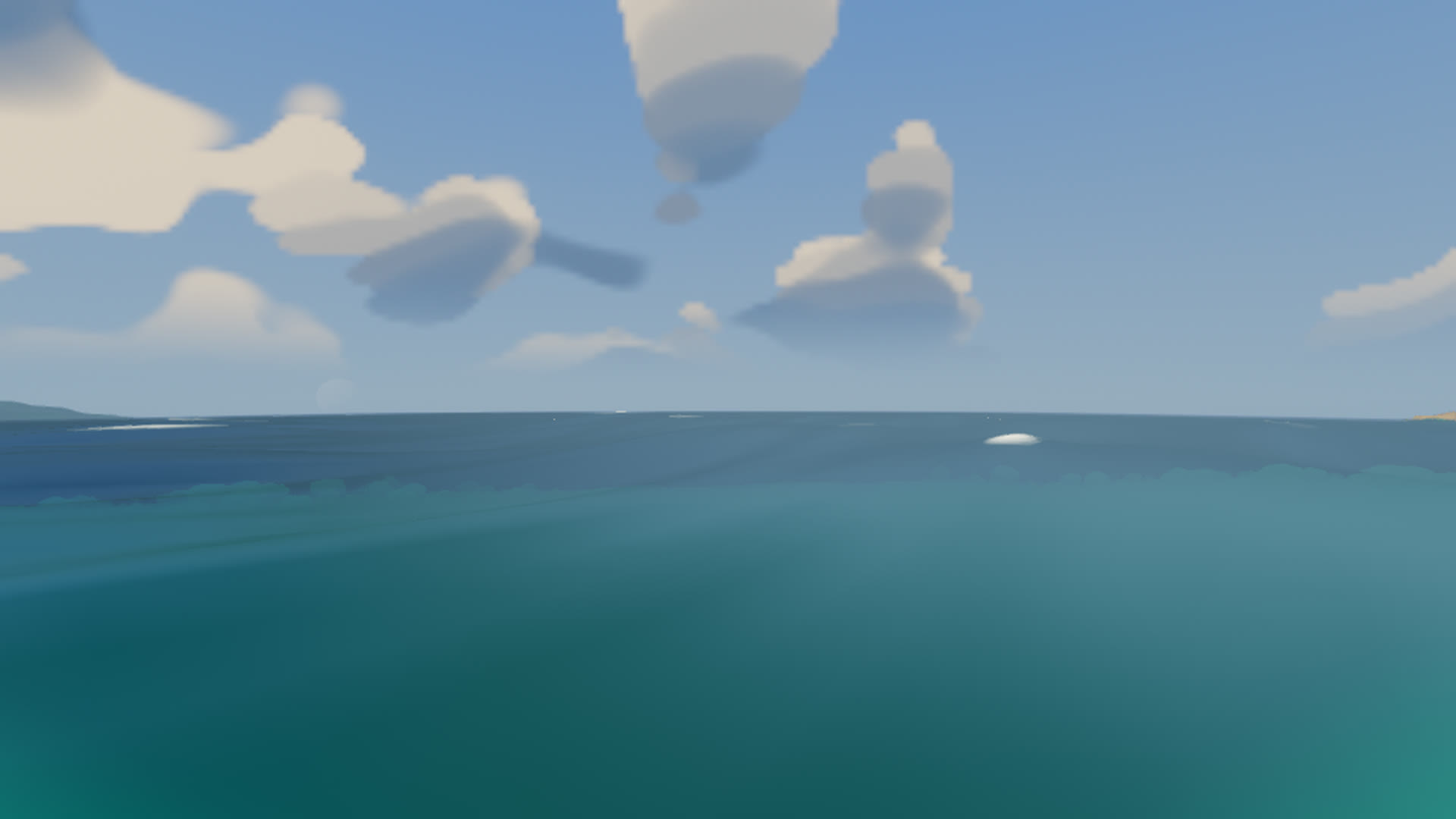 September 21, the four-wave Gerstner sea: a glassy teal surface with broad smooth undulations and almost no small detail