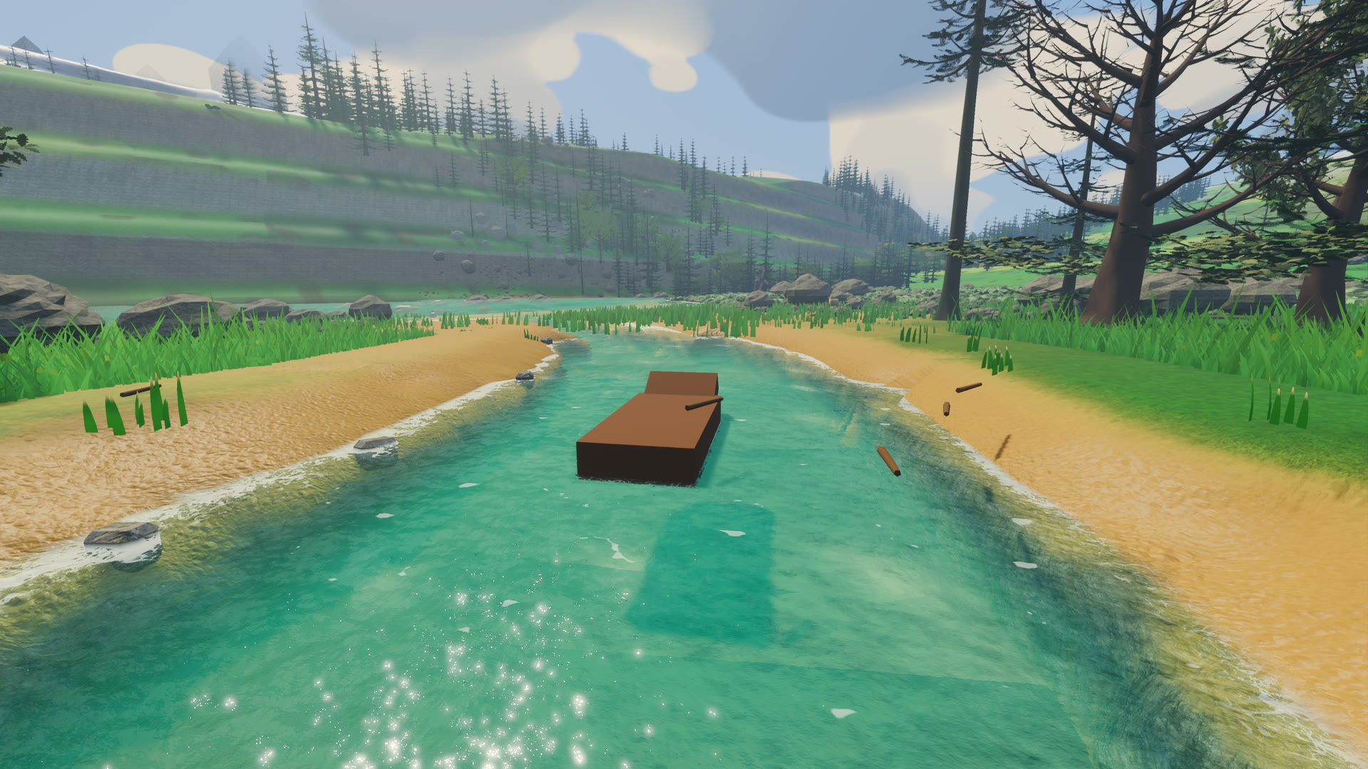 A boxy wooden rowboat hull floating on a turquoise river reach between sandy banks, seen from behind and above