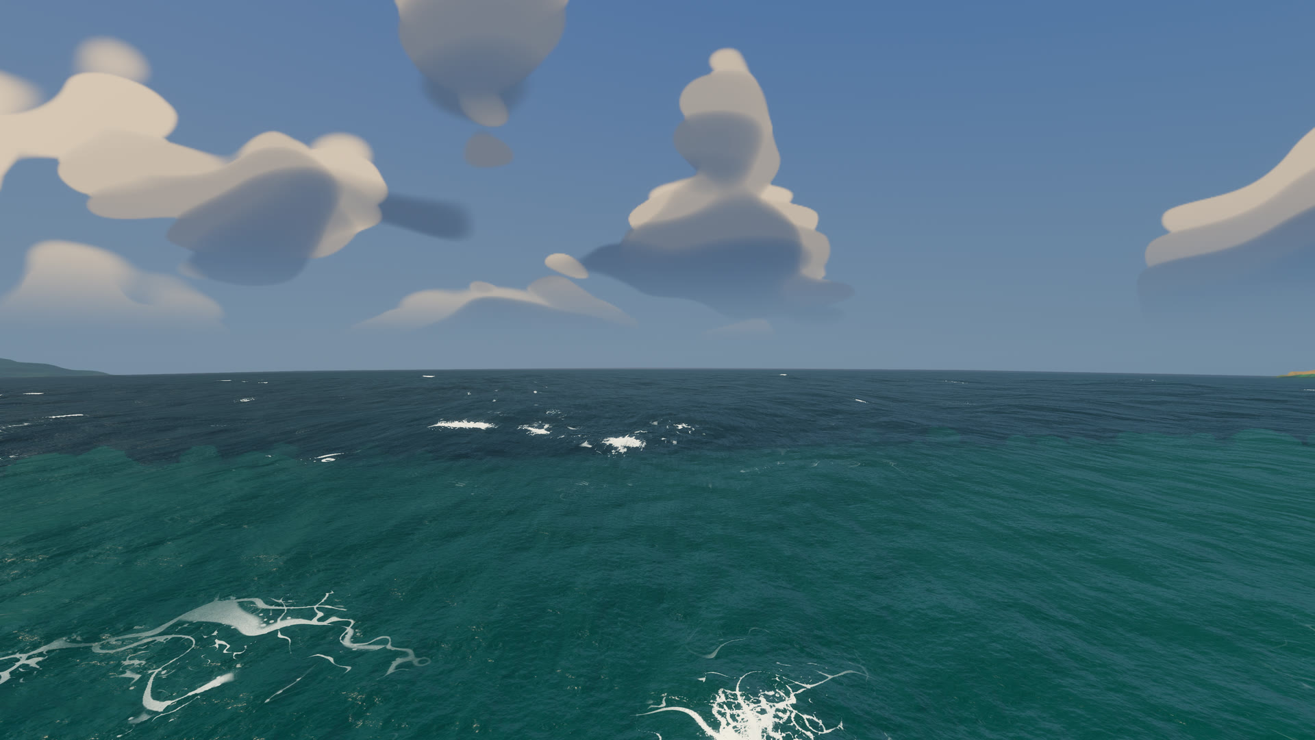 Open sea from 3 m up at midday: a long teal swell covered in fine ripples, foam veins in the foreground, clouds above a distant coast