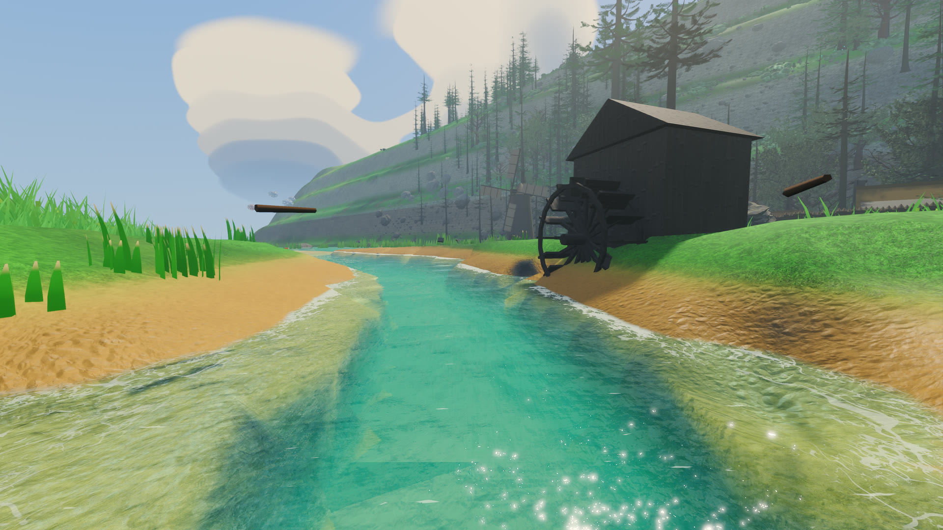 Low over the clear turquoise village river, sandy banks on both sides and the watermill's wheel turning on the right bank