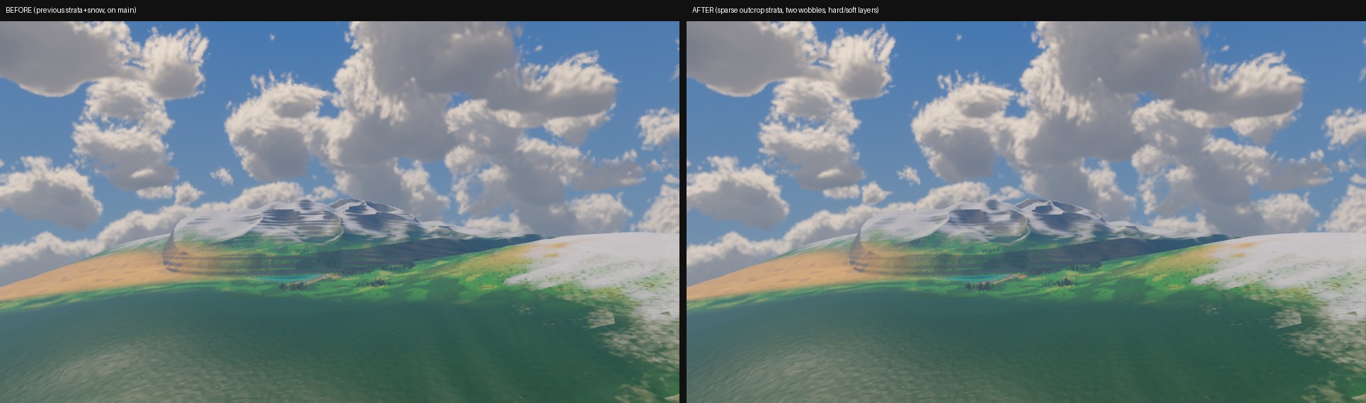 Spaceframe far-view terrain before and after: a mountain dome whose evenly spaced rock bands read as contour rings, then the same view with the bands gone.