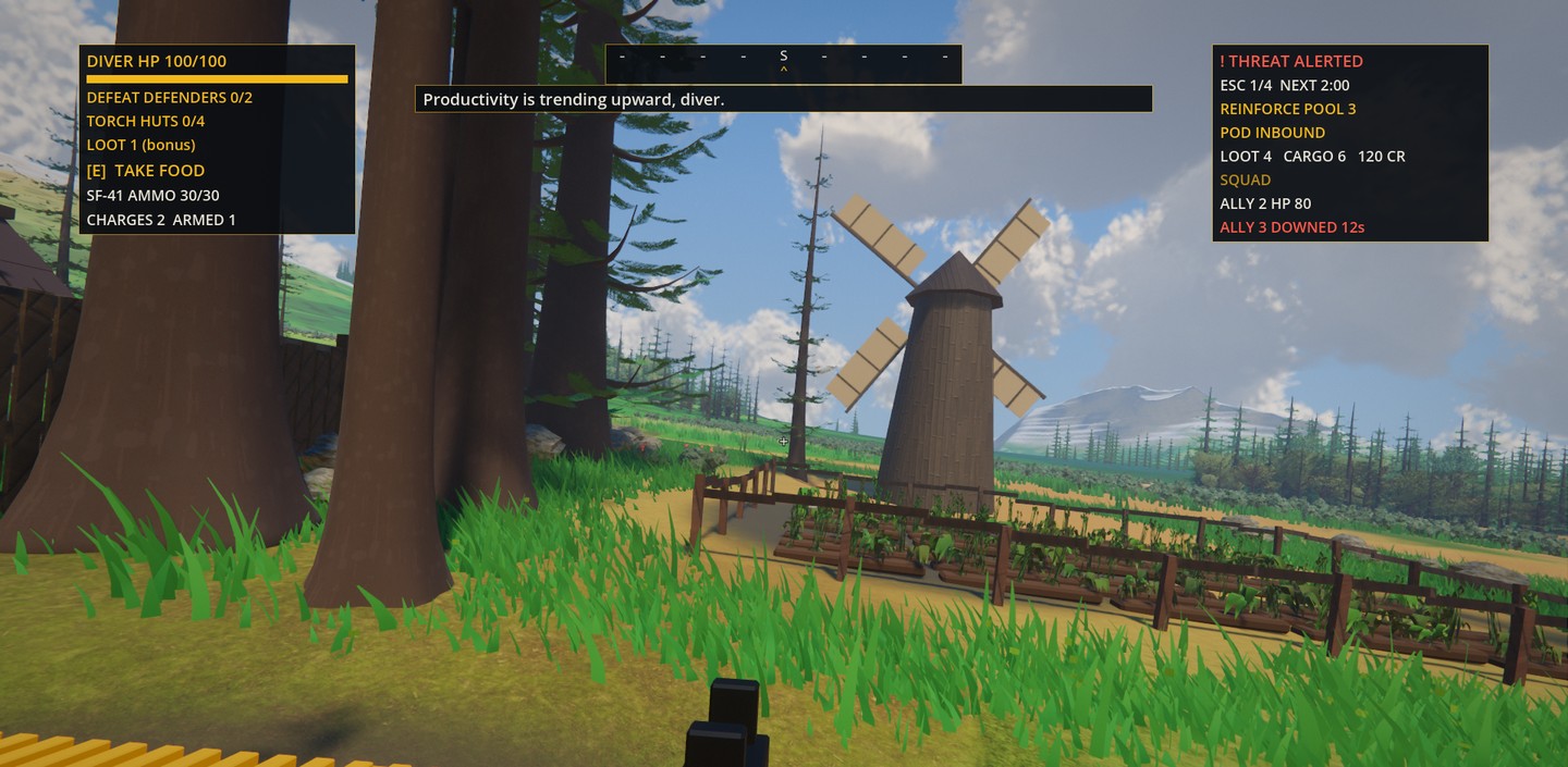 A Spaceframe raid seen through the diver's visor: a windmill and fenced vegetable fields, with objectives, threat and squad readouts at the screen edges.