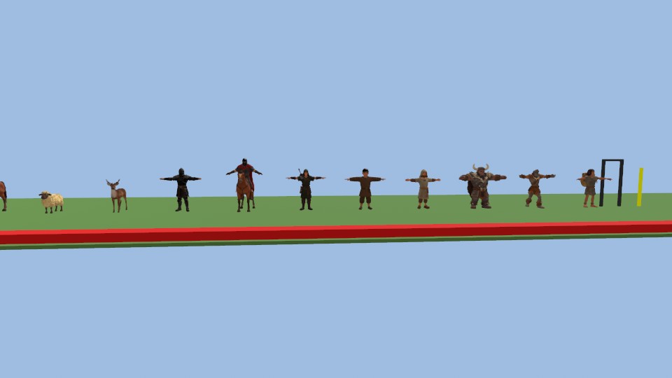 A lineup of AI-generated Spaceframe characters and animals, all facing the camera after the fix: a sheep, a deer, soldiers in a T-pose and a rider on a horse.