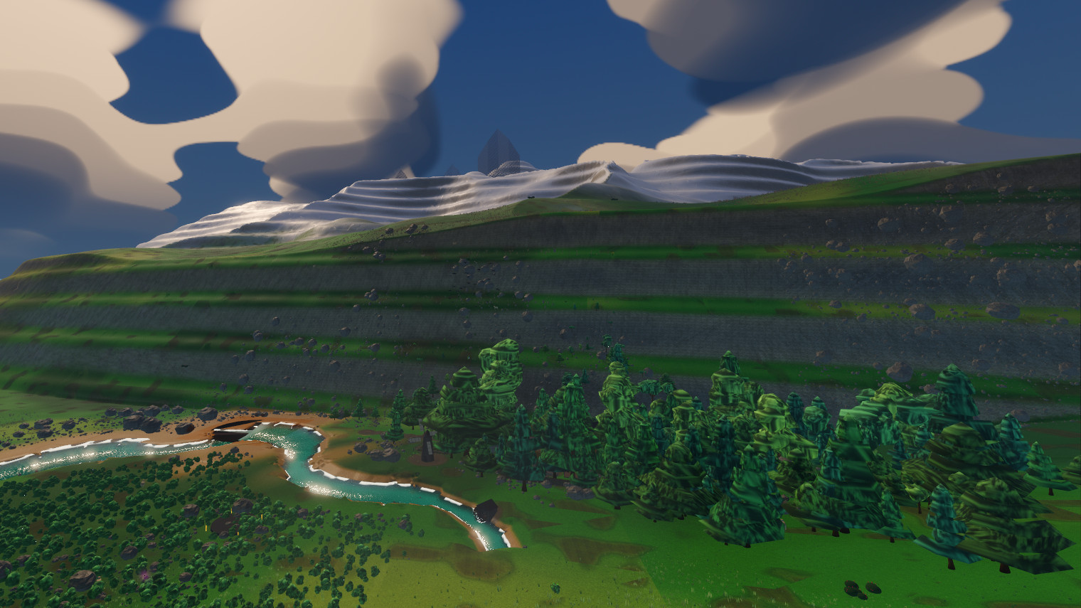 A river winding through a green valley below terraced mesa cliffs and snow-capped peaks, pine forest on the shelf, big clouds overhead, on Spaceframe's home planet