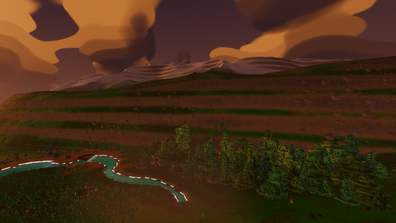 The same valley at golden hour: terraced cliff bands in amber light, the river below, snow on the ridge behind