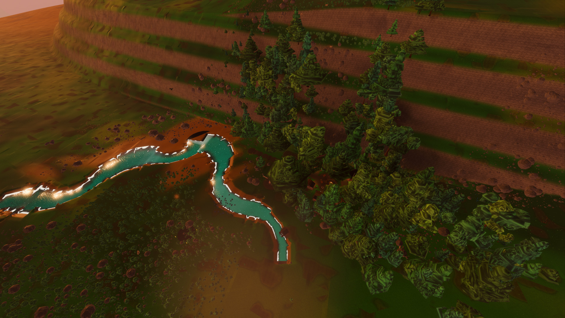 A river bending through meadow below terraced cliffs and pine forest, seen from high above at golden hour, sun glinting on the water