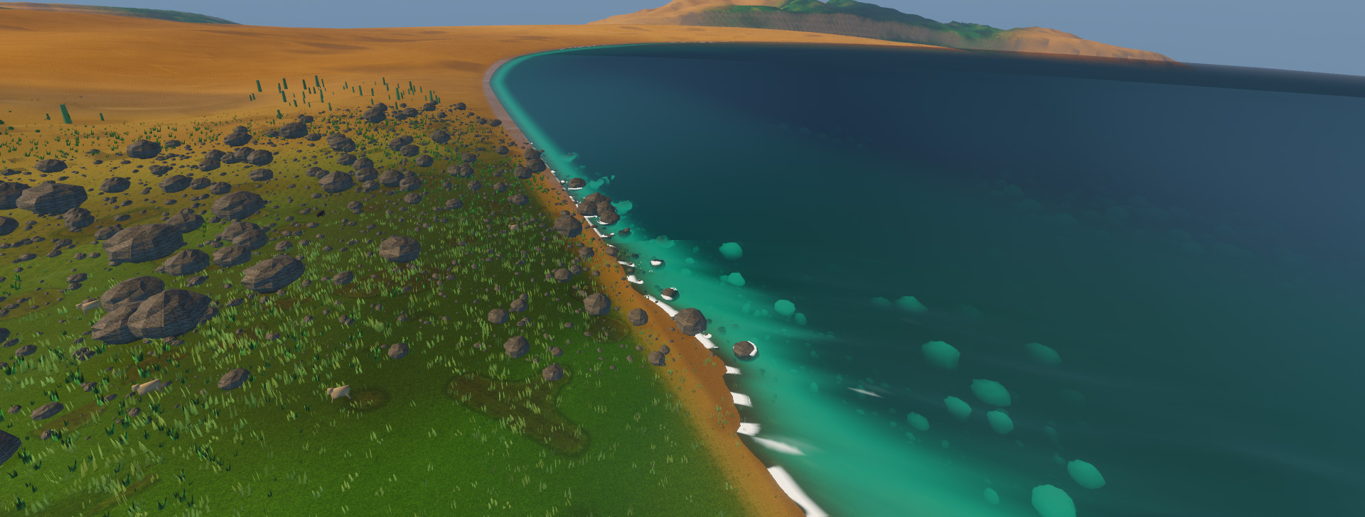 A curving shoreline seen from a bluff: turquoise shallows, a surf line, a boulder-strewn meadow and dunes