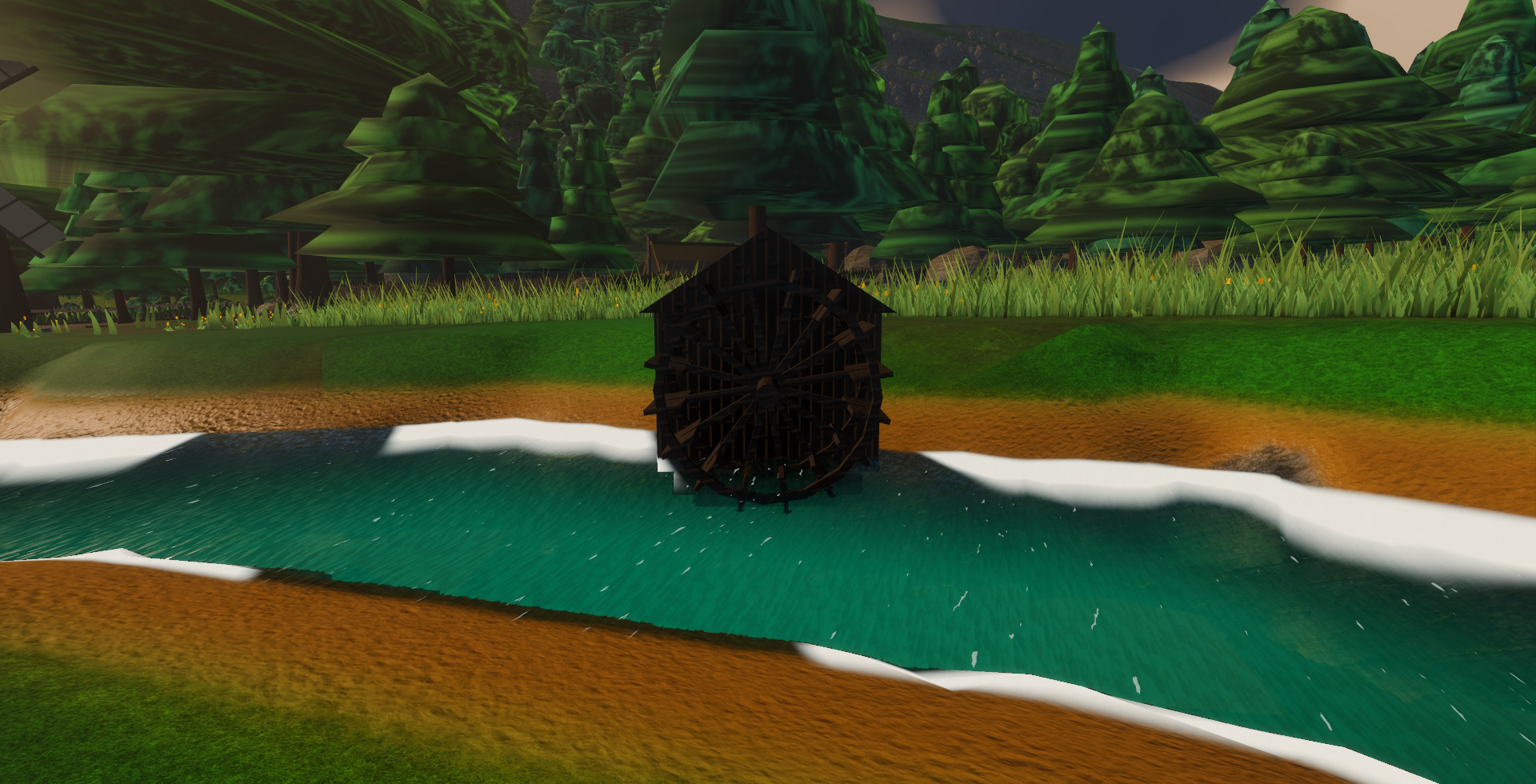 A wooden water mill with a large wheel standing in a river, seen from the water looking upstream, forest behind