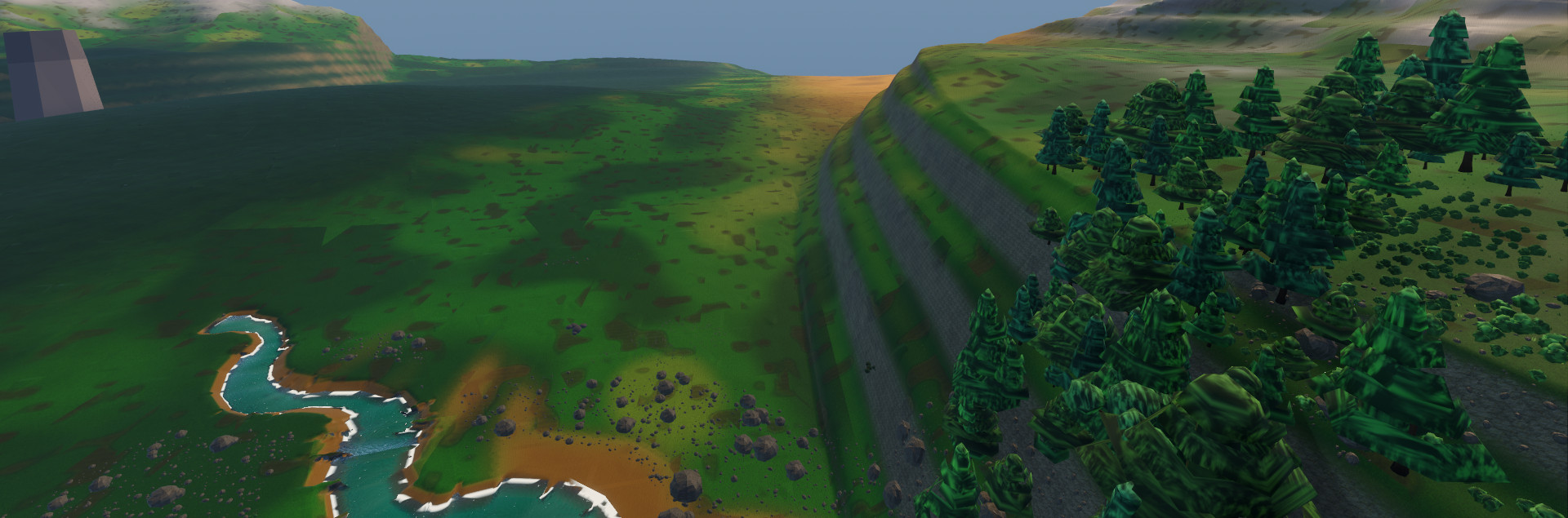 A wide view of Spaceframe's home planet: a green valley with a winding river, terraced cliffs and pine forest, snow on the ridge behind