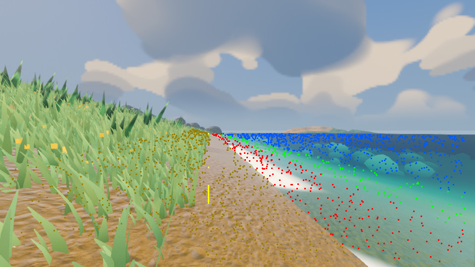 A beach with the water gate's sample points drawn over it: brown dots on the sand, red along the waterline, green in the shallows, blue over deep water