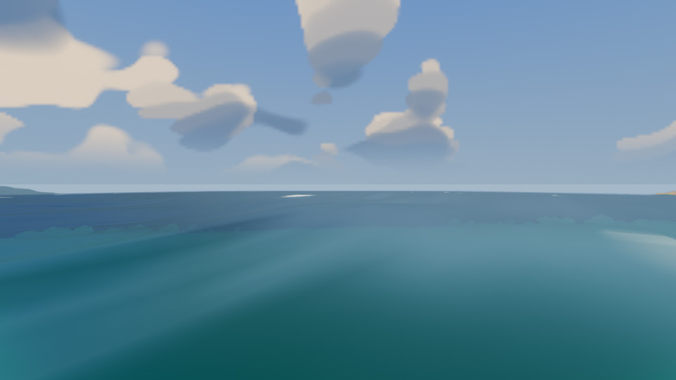 The open sea from a low camera under a blue sky with scattered clouds, a gentle swell