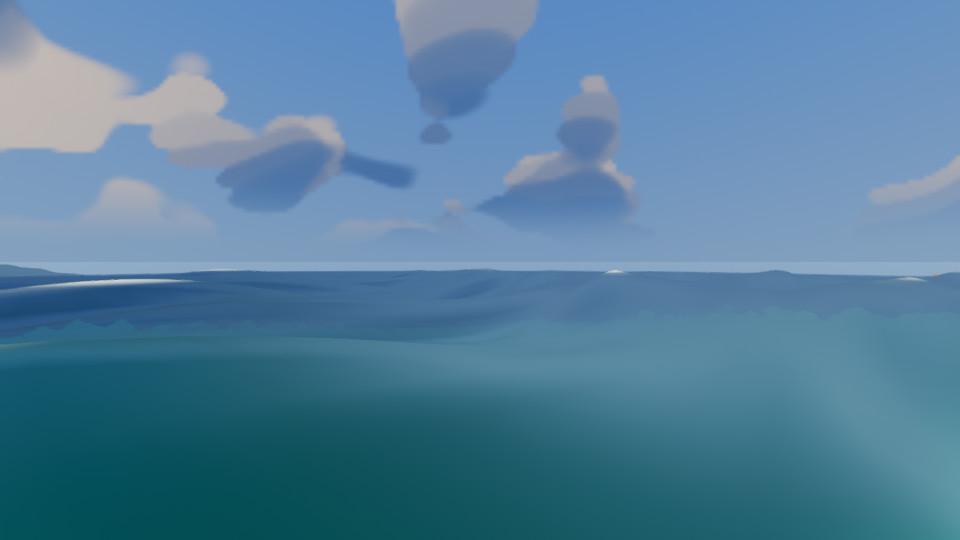 The same open sea under a grey overcast sky, the swell steeper and the horizon hazy