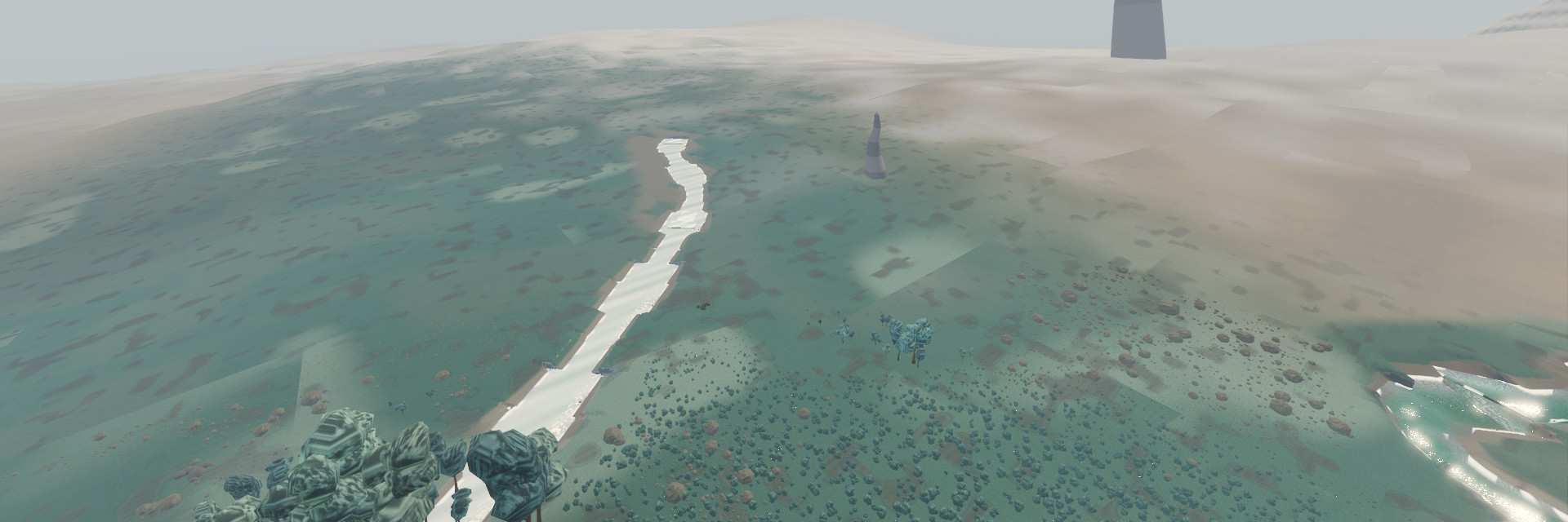 Frostline, one of Spaceframe's demo worlds: a pale icy plain with a bright river winding across it and a dark tower on the horizon, seen from the air
