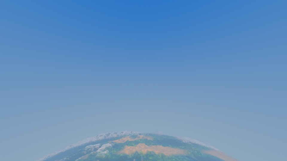 Spaceframe's home planet seen from high altitude: the curved horizon, snow-capped terrain and blue sky, taken by the probe suite's own capture rig
